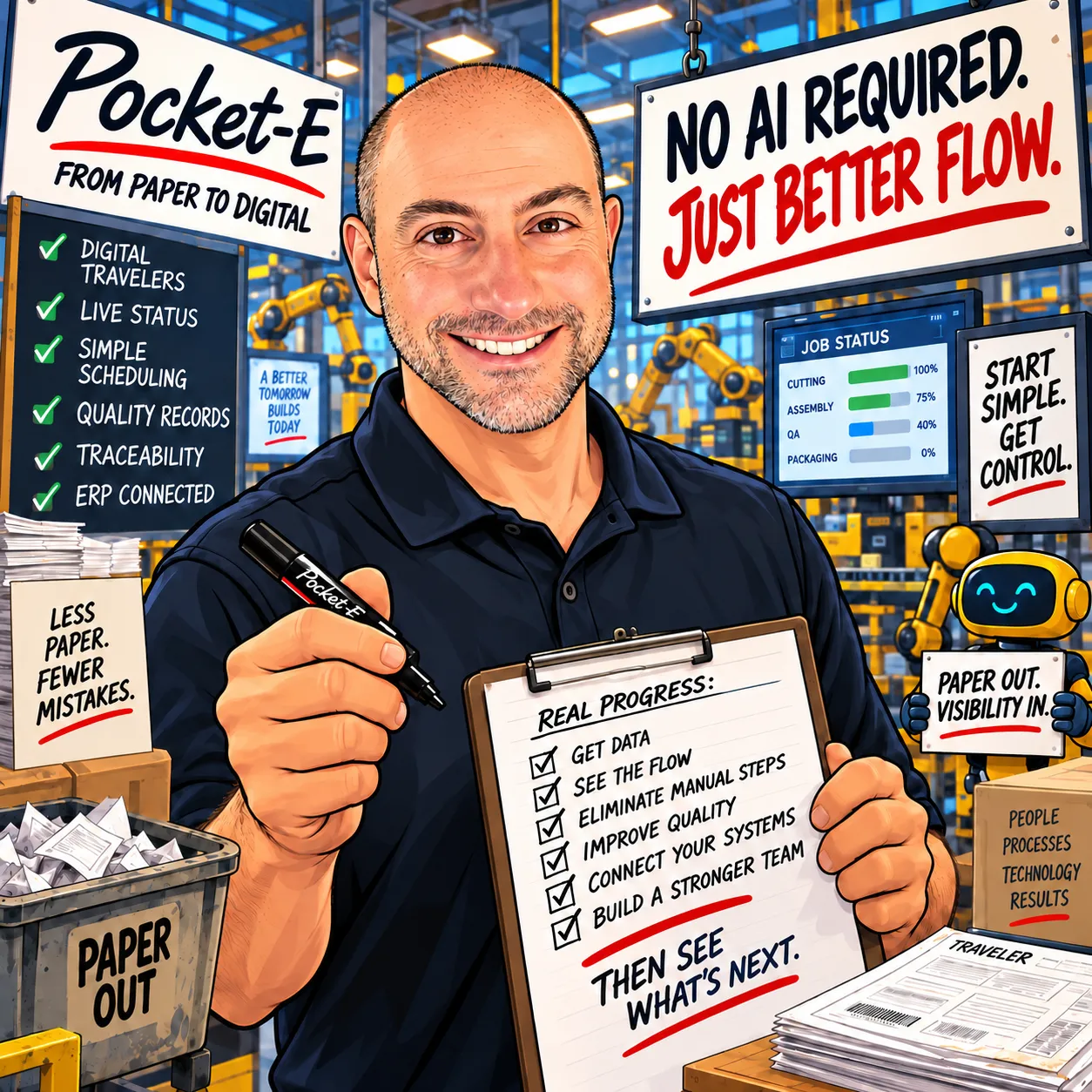 Illustrated avatar of Jim in a navy polo, holding a clipboard and pen in a factory moving from paper to digital.