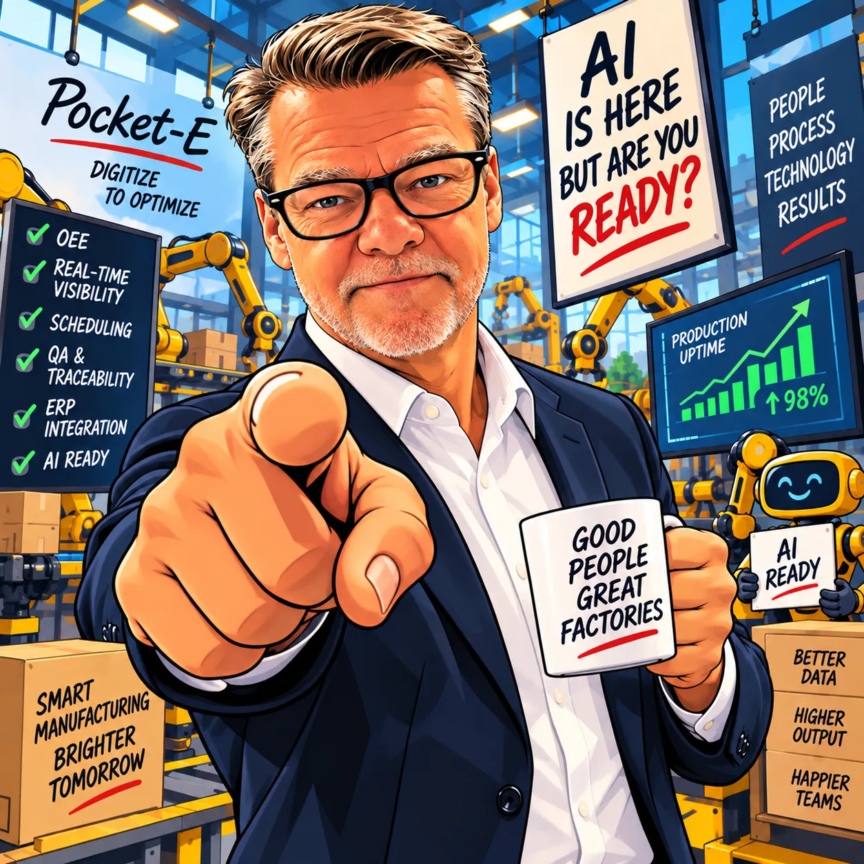 Illustrated avatar of Steve in a suit, pointing toward the viewer in a connected factory.