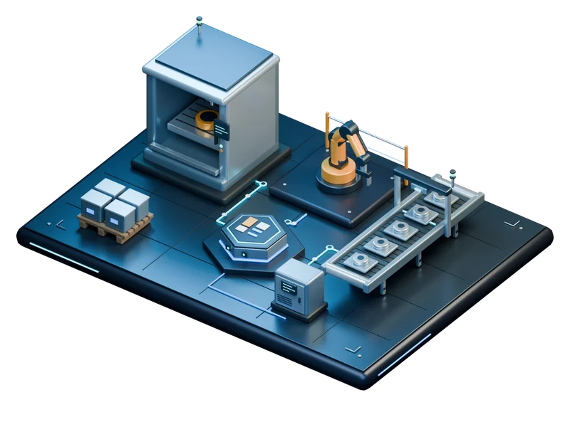 Connected production equipment, robotic handling, and packing around Pocket-E.